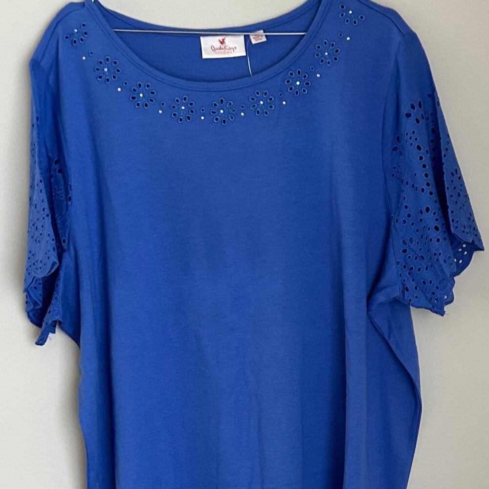Periwinkle Blue QUACKER FACTORY Eyelet Ruffle Sleeves Rhinestone Floral 1X NWT